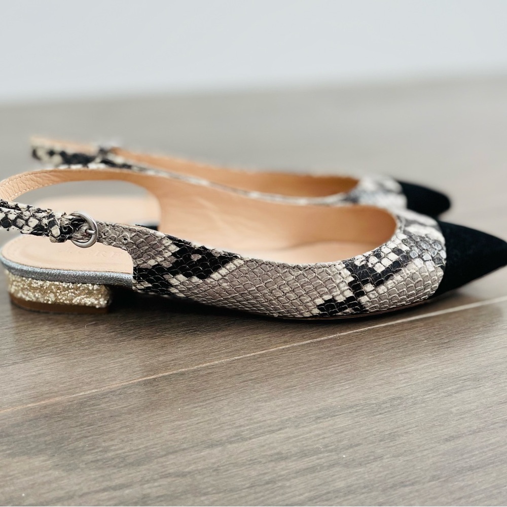 J. Crew Snakeskin sling back Flats with Black suede toe and metallic heels
